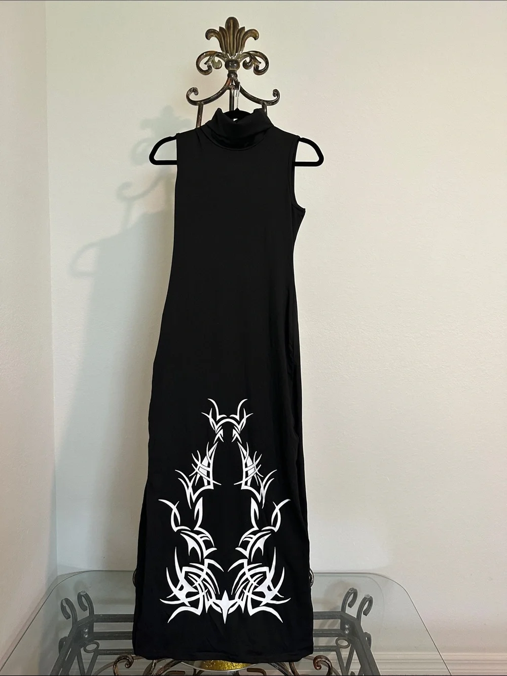 Sleeveless Black Maxi Dress with White Graphic Hem